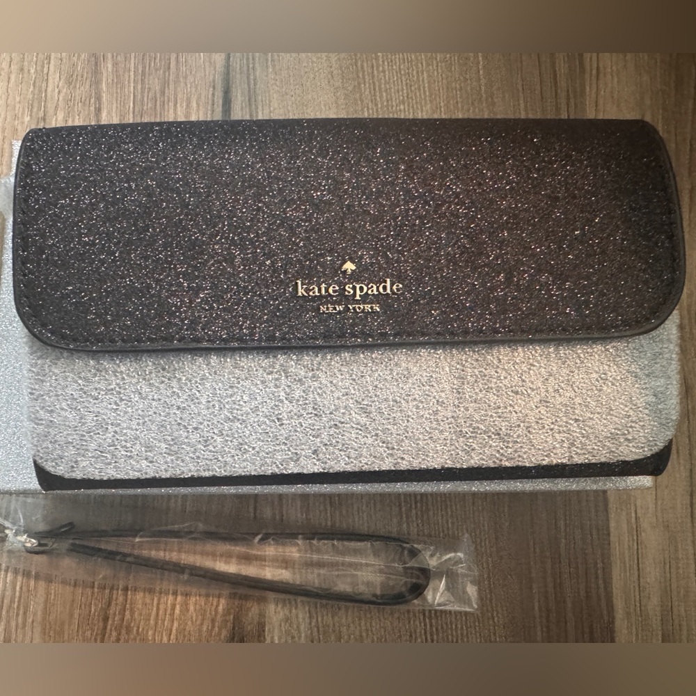 NWT Kate Spade K9255 Boxed Medium Flap Phone Wristlet Wallet Glitter Black